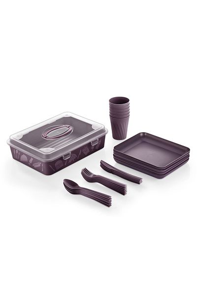 MİMOZA PARK Damson Picnic Set for 6 people, Cake, Pastry, 32 Pieces with Carrying Container