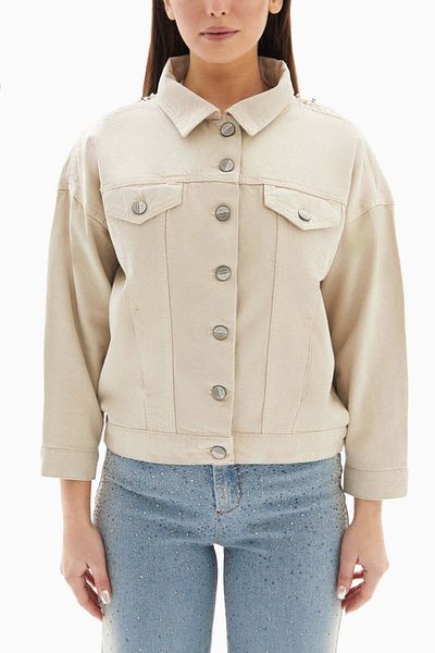 wecre8 Beige Embroidered with Fringes Denim Jacket By WECRE8