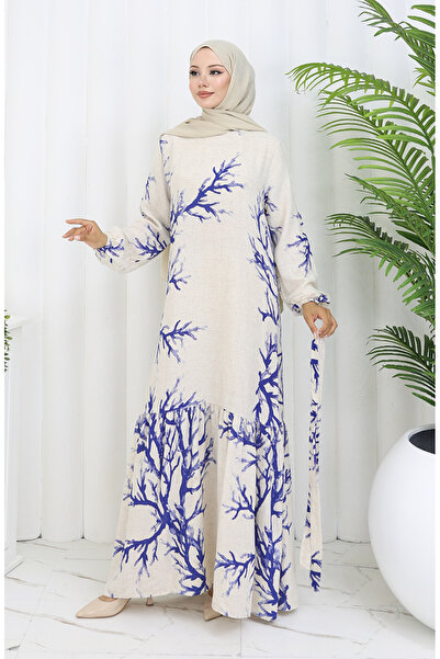 sefamerve Patterned Belted Linen Dress 2087-01 Beige Navy Blue