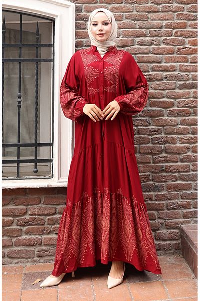 sefamerve Φόρεμα με μισό κουμπί μακρύ πατάκι 5579-03 Claret Red