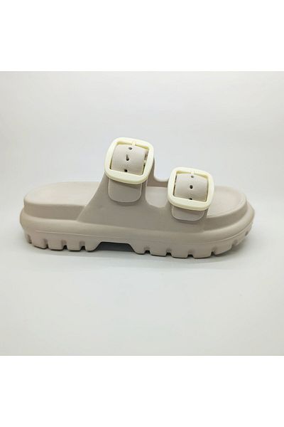 Ayakkabı Durağı Women's Daily Slippers Double Strap Adjustable Buckle Slippers Eva Soft Orthopedic Sole Sand Beige