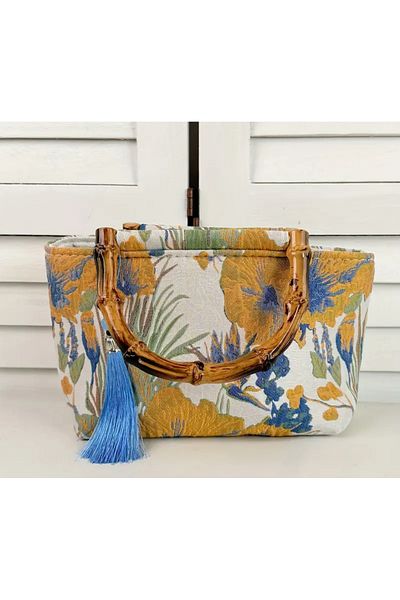 La Saade Bamboo Beach- Seaside Floral Bamboo Handle Bag