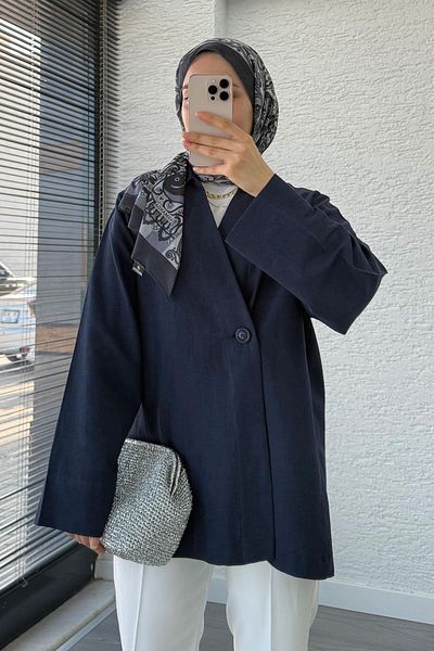 MELEK ARAZ Button Detailed Linen Kimono – Navy Blue