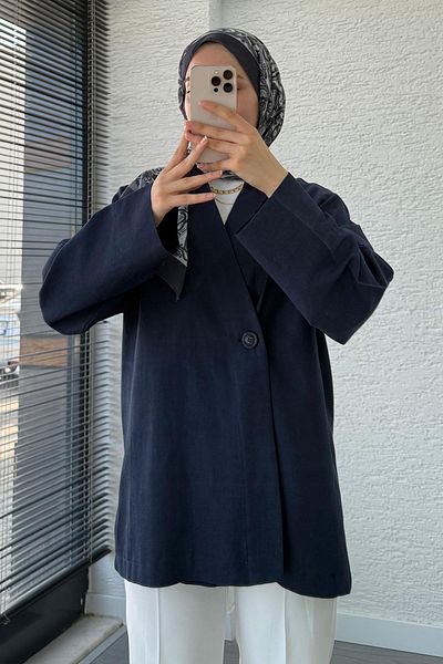 MELEK ARAZ Button Detailed Linen Kimono – Navy Blue