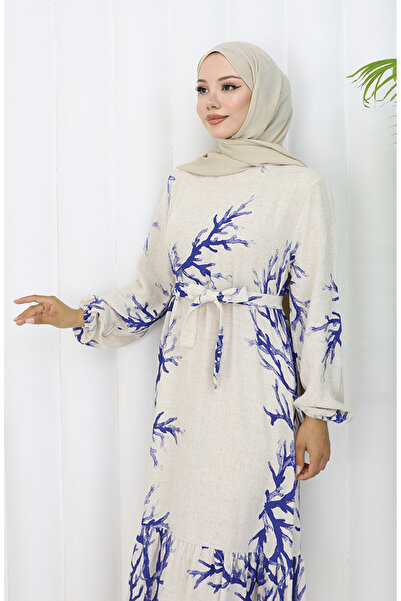 sefamerve Patterned Belted Linen Dress 2087-01 Beige Navy Blue