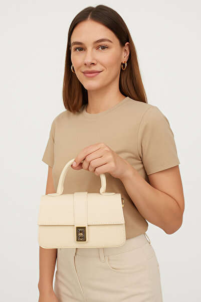 Satuna Geantă cremă pentru mână și umăr cu detaliu de blocare aurie – formă clasică, eleganță modernă