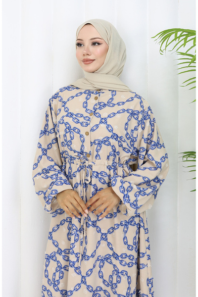 sefamerve Aerobin Fabric Chain Patterned Dress 0105-02 Mink Navy Blue