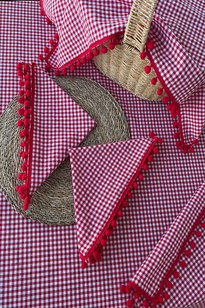 zarafet concept Red Pompom Gingham Picnic Set: Tablecloth 145*125, Basket Cover 80*30, 2 Napkins 35*35