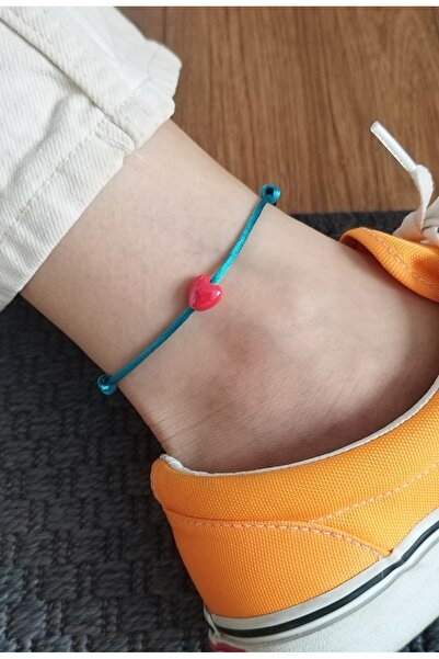 Bella Sera Studio Petrol Mavisi Saten İp Halhal Seramik Kırmızı Kalp Detaylı