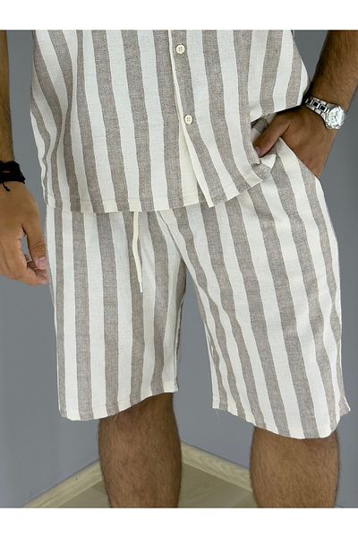 MARESHAL Cotton Linen Striped and Lace Detailed Shorts (Coffee)