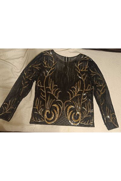 makro Pullu Payetli Altın Siyah Tülden 2 parça Alt Üst Takım Gece Elbisesi