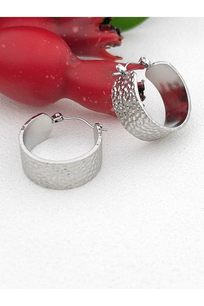 Siya Silver Patterned Round Tarnish Steel Thick Hoop Earrings - 2.4 cm