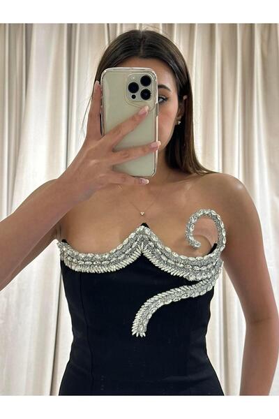 Kaleiçi Yıldızlar Siyah Straplez Yaka Detaylı Abiye Elbise 5388