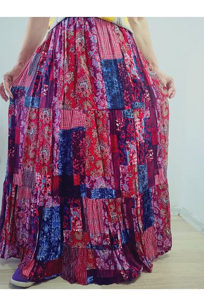 hoaryage Bohemian, Ethnic Printed Long Skirt, Holiday Beach Dress, Elastic Waist, Mevlana Viscose with 3 Layers of Ruffles