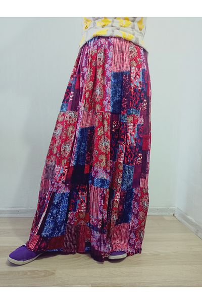 hoaryage Bohemian, Ethnic Printed Long Skirt, Holiday Beach Dress, Elastic Waist, Mevlana Viscose with 3 Layers of Ruffles