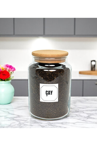 mafa home Ahşap Vakum Kapaklı Cam Saklama Kavanozu 800 Ml Çay Etiketi Hediyeli