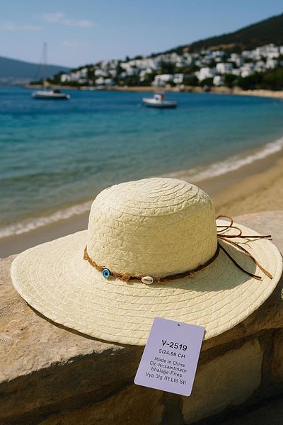 kabancım Natural Straw Wide Brim Summer Hat with Seashell