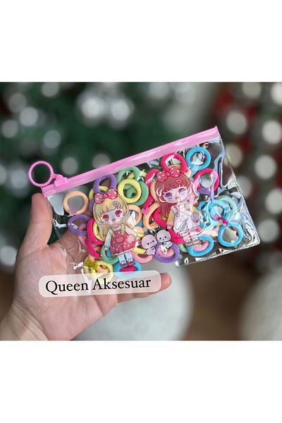 QUEEN AKSESUAR Transparent Zipper Bag with Colorful Pastel Color Tiny Small Hair Tire Bundle Towel Mesh Tire Set