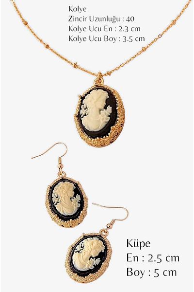 roseberry Black Resin Mosaic Material Vintage Imported Cameo Necklace & Earring Set - R1528