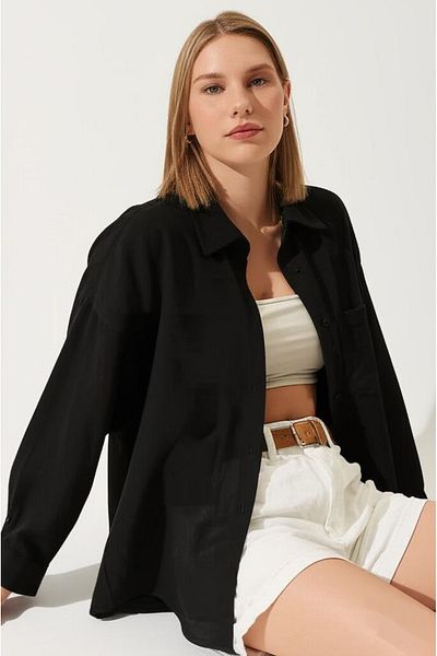 COMBİNE MİCHAİL Cămașă neagră oversize de in pentru femei