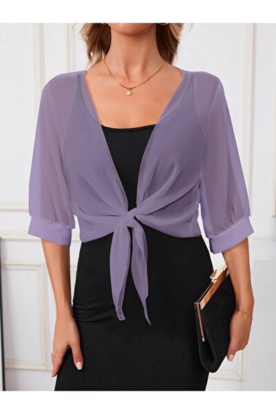 Teusta Women's Three Quarter Sleeve Front Tie-Up Short Chiffon Bolero Jacket