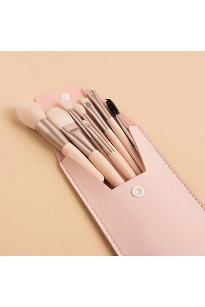 bzstore Set mini portabil de 8 pensule de machiaj cu carcasă bej