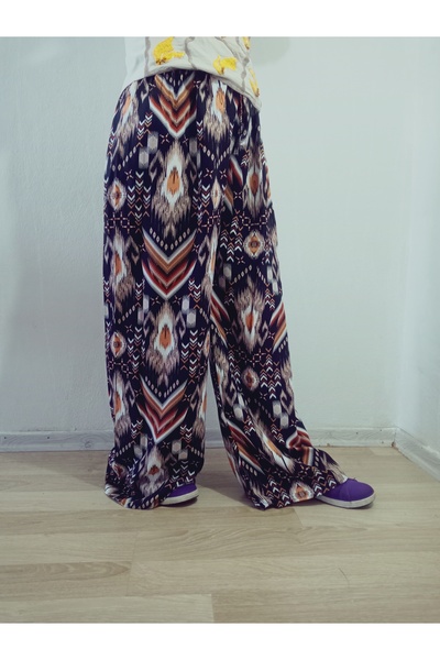 hoaryage Ethnic Patterned 100% Cotton Viscose Pants with Elastic Waist