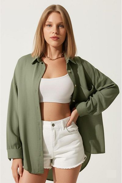 COMBİNE MİCHAİL Cămașă de in oversize kaki pentru femei