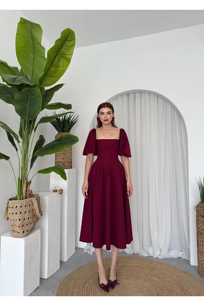 Femistik Square Neck Pleated Balloon Sleeve Flared Midi Dress