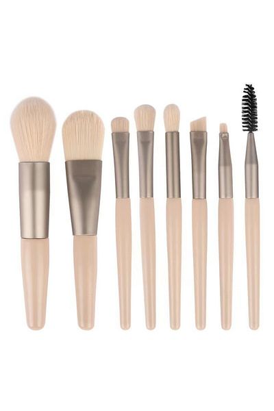 bzstore Set mini portabil de 8 pensule de machiaj cu carcasă bej