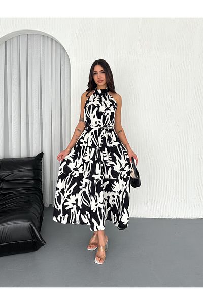 jöns since 1997 Women's Zero Sleeve Belted Patterned Black and White Long Dress