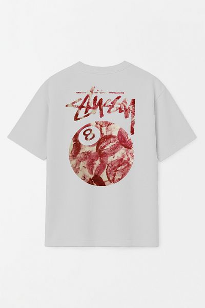 THE RULE Unisex Stüssy Kiss Printed Oversize 100% Cotton Wide Cut Textured Gray Crew Neck T-Shirt Rf0512