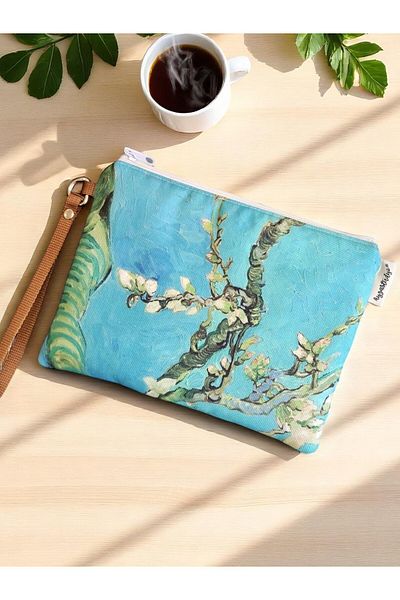 Ayza Stüdyo Almond Flowers Patterned Portfolio Clutch Bag - Cosmetic Bag - Multi-Purpose Bag (23X16 cm)