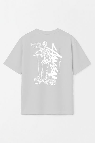 THE RULE Unisex Stüssy Skeleton Printed Oversize 100% Cotton Wide Cut Textured Crew Neck T-Shirt Rf0514