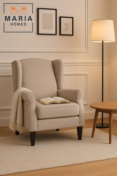 MARIA HOMES Beige Wingback Armchair – Modern Accent Chair with Cushioned Seat