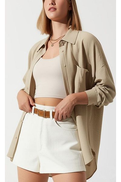 COMBİNE MİCHAİL Cămașă de in oversize bej pentru femei