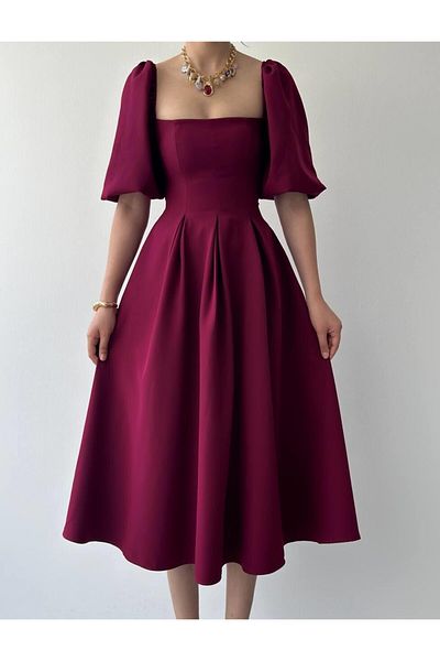 Femistik Square Neck Pleated Balloon Sleeve Flared Midi Dress