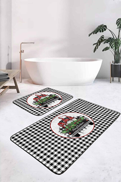 Realhomes طقم سجادة حمام بتصميم منقوش باللونين الأبيض والأسود مكون من قطعتين ومجموعة سجادة للمطبخ