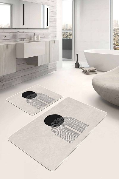 Realhomes طقم سجادة للحمام والمطبخ بتصميم مخطط ذو أرضية كريمية مطبوعة رقمية مكونة من قطعتين مع قاعدة مضادة للانزلاق