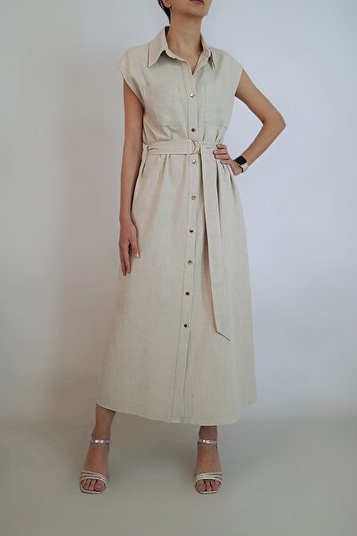 oyagüler فستان نسائي طويل من القماش القطني ذو مظهر كتان بدون أكمام باللون الب...