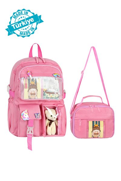 CANLOOR Kawaii Korean Style Elementary School Backpack and Lunchbox with Accessories Pink