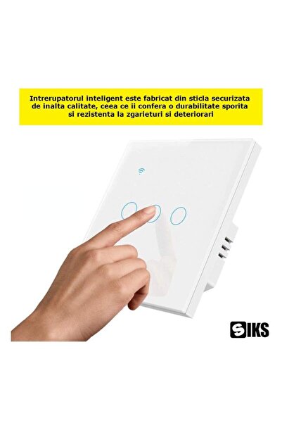 SIKS Întrerupător inteligent cu atingere dublă, Wi-Fi, 3 butoane iluminate, sticlă securizată