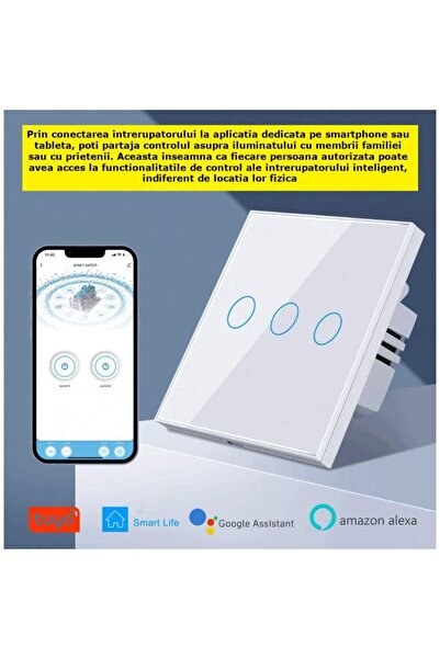 SIKS Întrerupător inteligent cu atingere dublă, Wi-Fi, 3 butoane iluminate, sticlă securizată