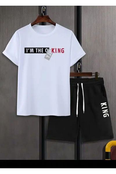 LUNAVISTA Men's T-Shirt and Shorts Printed Tracksuit Set (White and Black, Size)