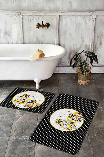 Realhomes Black Polka Dot Yellow Trolley 2-Piece Bath Mat Set & Kitchen Rug Set