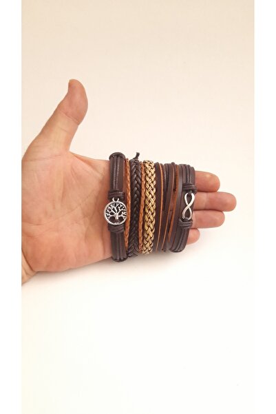 AB Takı SONSUZLUK YAŞAM AĞACI TASARIM 5'Lİ HAKİKİ DERİ BİLEKLİK