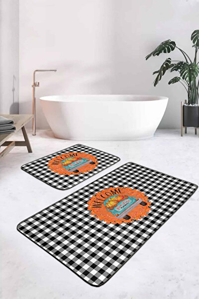 Realhomes طقم سجادة حمام مكون من قطعتين بتصميم منقوش باللون الأسود ومجموعة سج...