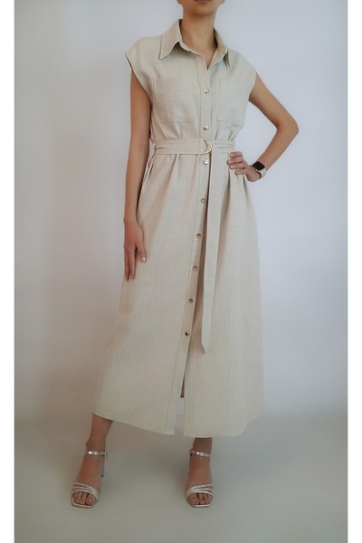 oyagüler Women Beige Zero Sleeve Linen Look Cotton Fabric Long Shirt Dress Yy101231