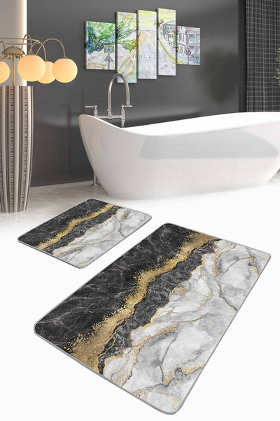 Realhomes Siyah Mermer Özel Tasarım Dijital Baskılı 2'li Kaymaz Tabanlı Banyo...