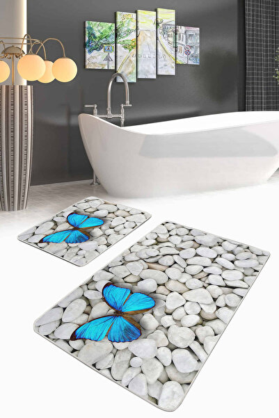 Realhomes Stone Floor Blue Kelebel Digital Printed 2-Piece Non-Slip Base Bath...